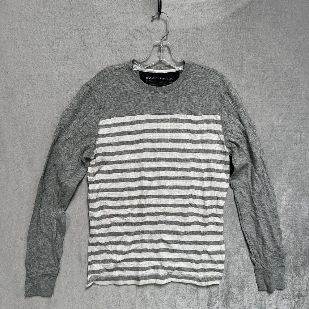 Banana Republic Shirt Mens Small Gray White Striped Thermal Long Sleeve Crewneck